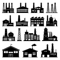 Obraz premium Collection of various industrial building silhouettes against a plain white background.