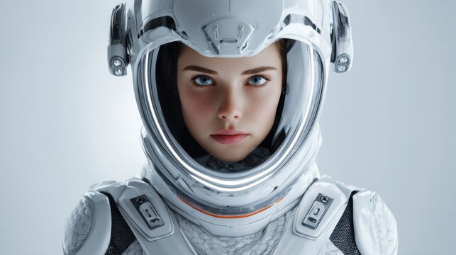 A female astronaut stands confidently, her gaze focused and determined. Wearing a sleek space suit designed for extraterrestrial exploration, she embodies the spirit of adventure and discovery.