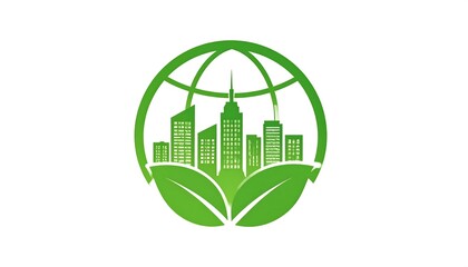 A stylized  design showcasing a global city nestled within environmentally conscious leaves, promoting sustainable urban development.
