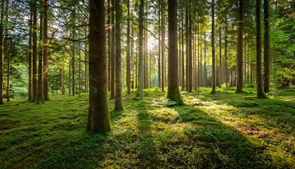 Fototapeta premium Sunlight Filtering Through Tall Trees In A Lush Green Forest Creating Beautiful Patterns On The Ground