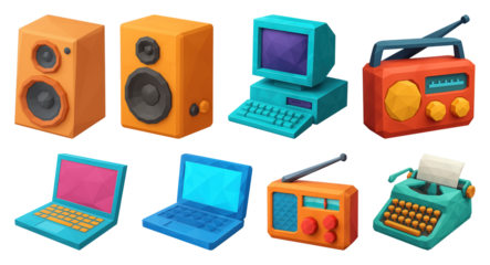 PNG Colorful retro technology icons, element set on transparent background