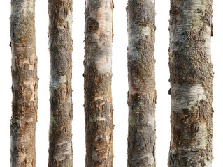Naklejka premium PNG of Five rustic tree trunks showcasing diverse bark textures and earthy colors against a white background.