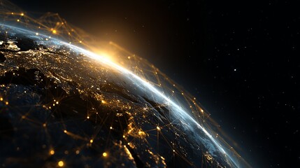 Global network connects glowing cities across planet Earth at night, digital data flow
