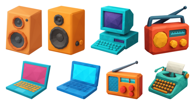 PNG Colorful retro technology icons, element set on transparent background