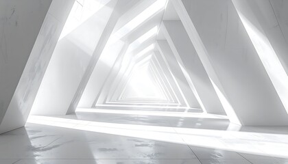 A sleek, white architectural hallway with triangular support beams creates an ethereal and spacious interior.