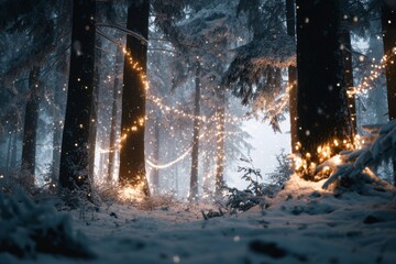 Winter forest trees display string lights in a snowy setting.