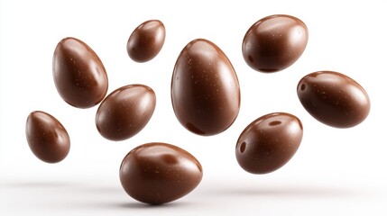 A variety of glossy chocolate eggs are suspended in mid-air, highlighting their smooth surface and playful arrangement. The image emphasizes the delight associated with chocolate confections.