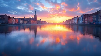 Sunrise city river reflection