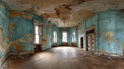 Obraz premium An abandoned room reveals peeling blue paint and weathered wooden floors, illuminated by natural light coming through tall windows. The atmosphere evokes a sense of history and neglect.