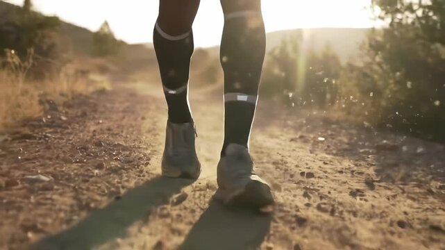 Adult runner?s legs with athletic shoes and reflective compression socks move purposefully on a dusty outdoor trail at sunset, emphasizing fitness and adventure.