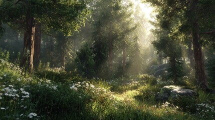 Obraz premium Soft rays of sunlight penetrate through tall trees in a lush forest during early morning. Flowers dot the green landscape, enhancing the tranquil environment.