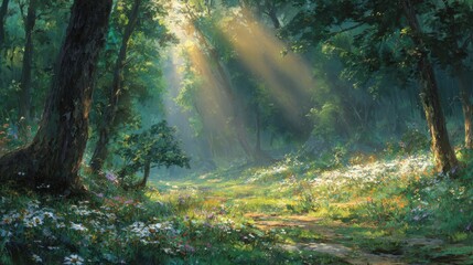 Obraz premium Sunlight streams through the canopy of a dense forest, illuminating a vibrant path dotted with wildflowers. This tranquil scene captures the essence of natures beauty and peace.