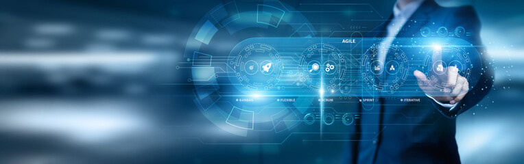 Businessman data analysis for performance and agile methodology, sprint planning, adaptive...