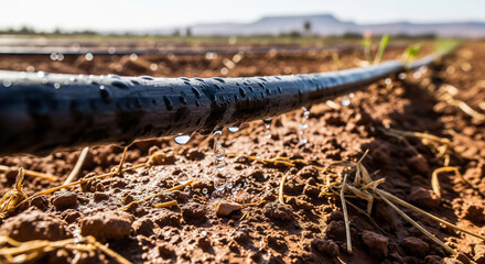 Obraz premium Drip Irrigation Hose Watering Dry Moroccan Soil