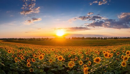 Fototapeta premium Summer Landscape Beauty Sunset Over Sunflowers Field Panoramic Views