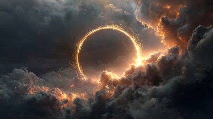Dramatic golden ring portal emerges through fiery storm clouds, cosmic gateway to the unknown