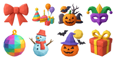 Fototapeta premium PNG Colorful festive low-poly icons, element set on transparent background