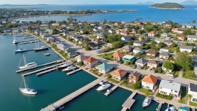 Aerial view fishing village near residential house area