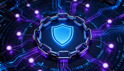 glowing shield icon with blockchain chain links around it, digital encryption background, cybersecurity concept, glowing nodes and data flow, dark tech style