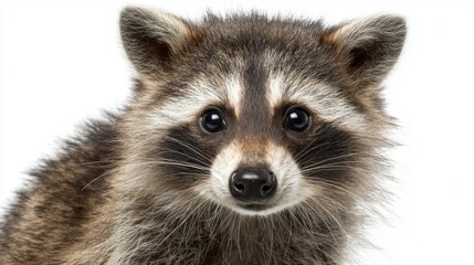 Obraz premium A raccoon displays curious expression with bright eyes and detailed fur textures. The animal is centered, highlighting its distinctive markings and playful demeanor.