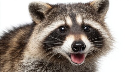 Obraz premium A raccoon is smiling with its mouth slightly open, showcasing a playful demeanor. The animals distinct facial markings make it look charming and lively.