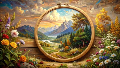 Enchanted Mountain Valley Artwork Displayed in Round Frame