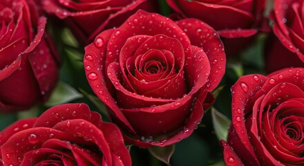 Red roses with water droplets on their petals fill the frame showcasing intricate petal arrangements and green leaves