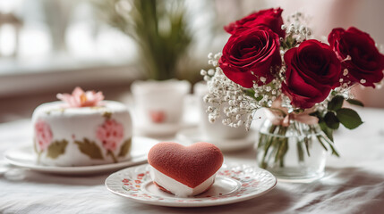 Naklejka premium Ai beautiful table setting with heart-shaped dessert and fresh roses for a special celebration in a cozy cafe