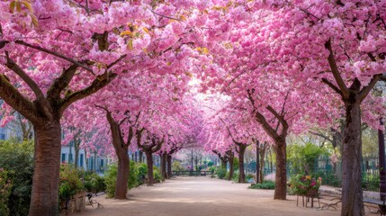 Naklejka premium A picturesque pathway lined with vibrant cherry blossom trees showcases an explosion of pink flowers. People stroll peacefully in a lush park, enjoying the beautiful spring day.