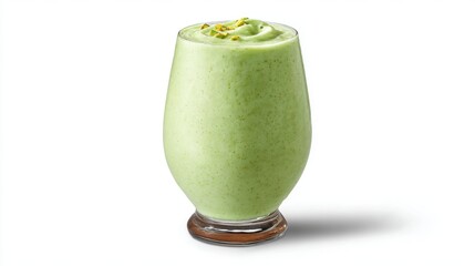This vibrant green smoothie, served in a clear glass, showcases an enticing creamy texture topped with nuts. Perfect for a nutritious breakfast or snack.