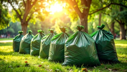 Green trash bags lined up in a park on a sunny day