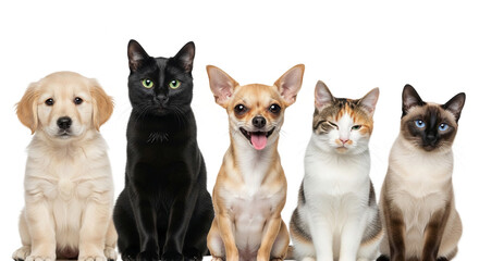 Obraz premium Golden retriever puppy, black cat, chihuahua, calico cat, Siamese cat sitting together against white background, showcasing pet companionship and diversity
