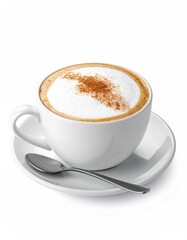 Fototapeta premium A steaming cappuccino in a white mug, topped with a dusting of cinnamon, rests on a matching saucer with a spoon