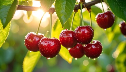 Ripe cherries on a branch in sunlight