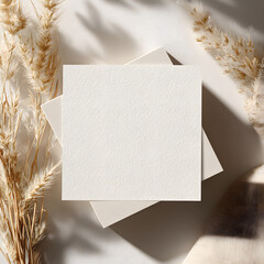 Square blank card on neutral background with dried grass in natural sunlight, perfect for wedding invitations, rustic stationery, or minimal mockup designs.
