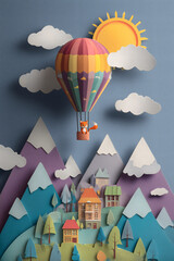 Whimsical paper art scene with colorful hot air balloon, mountains, houses, sun, and clouds, perfect for children’s illustrations, posters, or playful designs.
