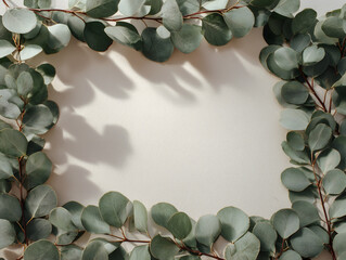 Natural eucalyptus leaf frame on light background, perfect for wedding invitations, botanical stationery, greeting cards, or eco-friendly design templates.
