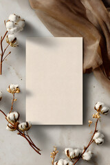 Blank card with cotton flowers and soft brown fabric on marble background, ideal for rustic wedding invitations, natural stationery, or elegant greeting card mockups.
