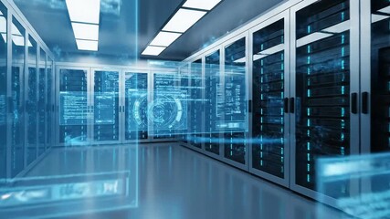 Futuristic data center with servers and digital interface displaying data analytics and processing - Powered by Adobe