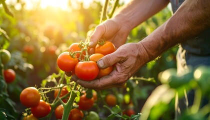 Hands holding ripe tomatoes from vine