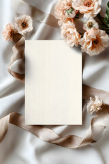 Blank card on soft fabric with beige ribbon and delicate peach flowers, perfect for wedding invitations, romantic greeting cards, or elegant stationery mockups.
