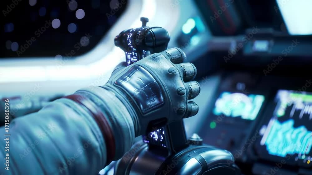 Wall mural an astronaut's gloved hand commands futuristic spaceship controls in a high-tech cockpit, navigating