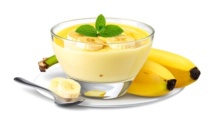A smooth, creamy banana dessert in a glass bowl, garnished with fresh mint leaves and banana slices, presented on a white plate with a spoon.