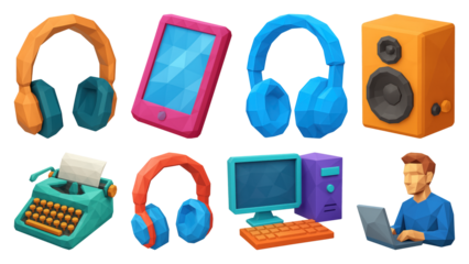 PNG Colorful low-poly tech icons, element set on transparent background