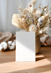 Minimalist blank card standing on wooden table with dried flower bouquet in soft natural light, perfect for mockups, invitations, or greeting card designs.
