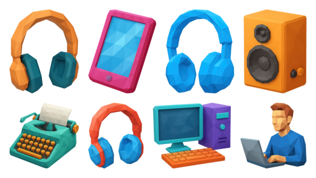 PNG Colorful low-poly tech icons, element set on transparent background