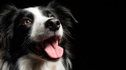 Fototapeta premium A cheerful black and white border collie enjoys a moment of happiness, showcasing its playful side with a wide smile and bright eyes against a dark backdrop.