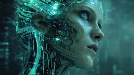 A humanoid figure with glowing blue eyes and intricate circuits integrated into its face stands in a digital landscape. The atmosphere is filled with futuristic technology details.