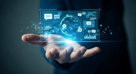 Unlock future innovation with dynamic digital interface displayed on open hand