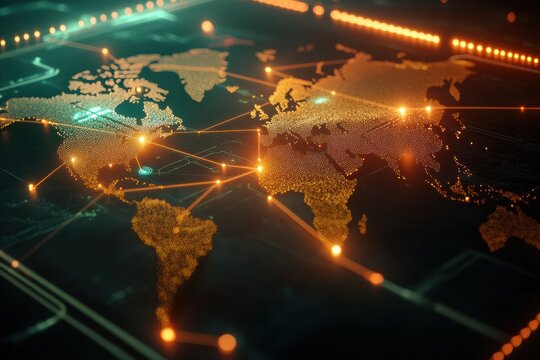 High-tech global network map showing connections across continents in a dark futuristic setting with glowing lines and points of light